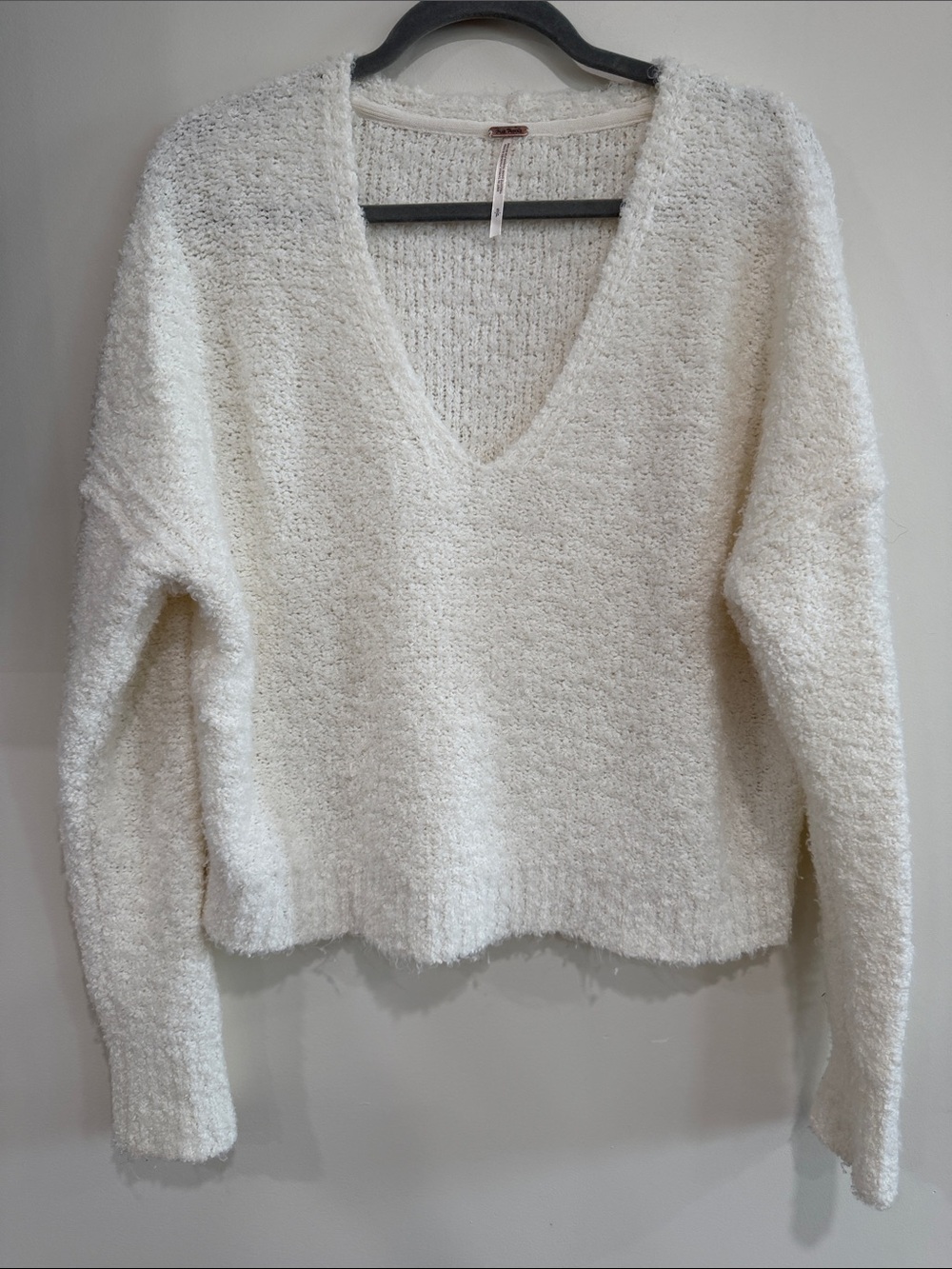 Free People Ivory V-Neck Bouclé Sweater